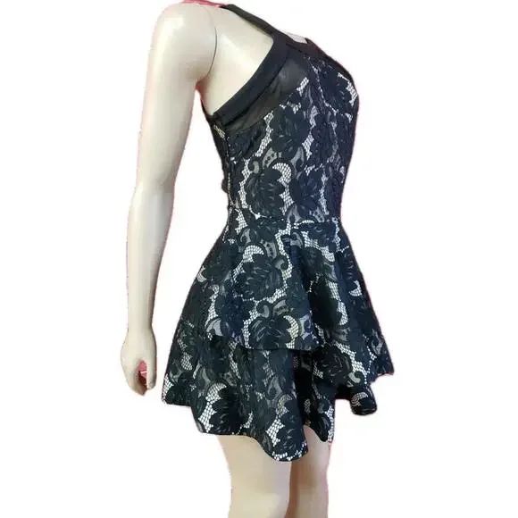 Trac High Neck Fit & Flare Nude Black Lace Laywred Dress Woman's Size M #CB5 - Picture 3 of 9
